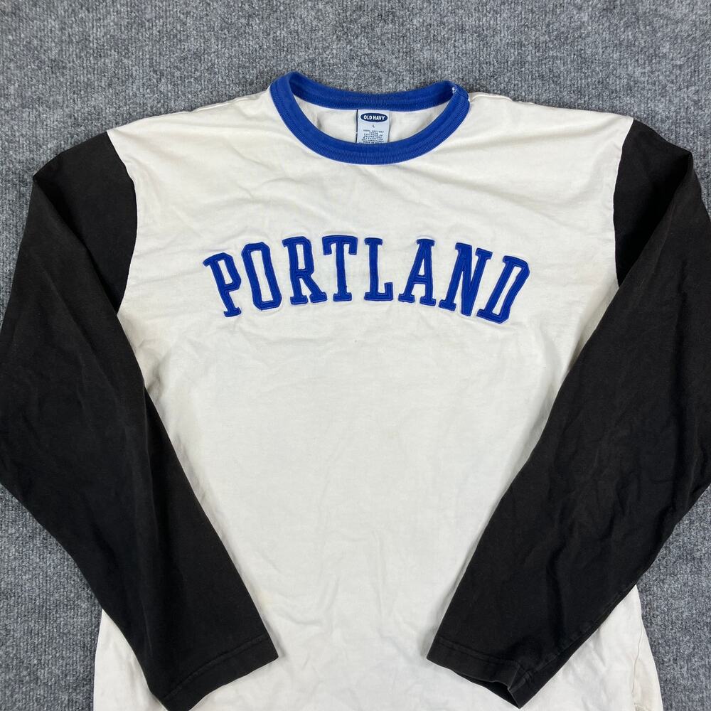 Old Navy Portland Shirt Mens Large White Black Raglan Long Sleeve Graphic Tee